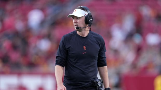 USC head coach Lincoln Riley reacts against the Nevada Wolf Pack in the second half at United Airlines Field at Los Angeles Memorial Coliseum.